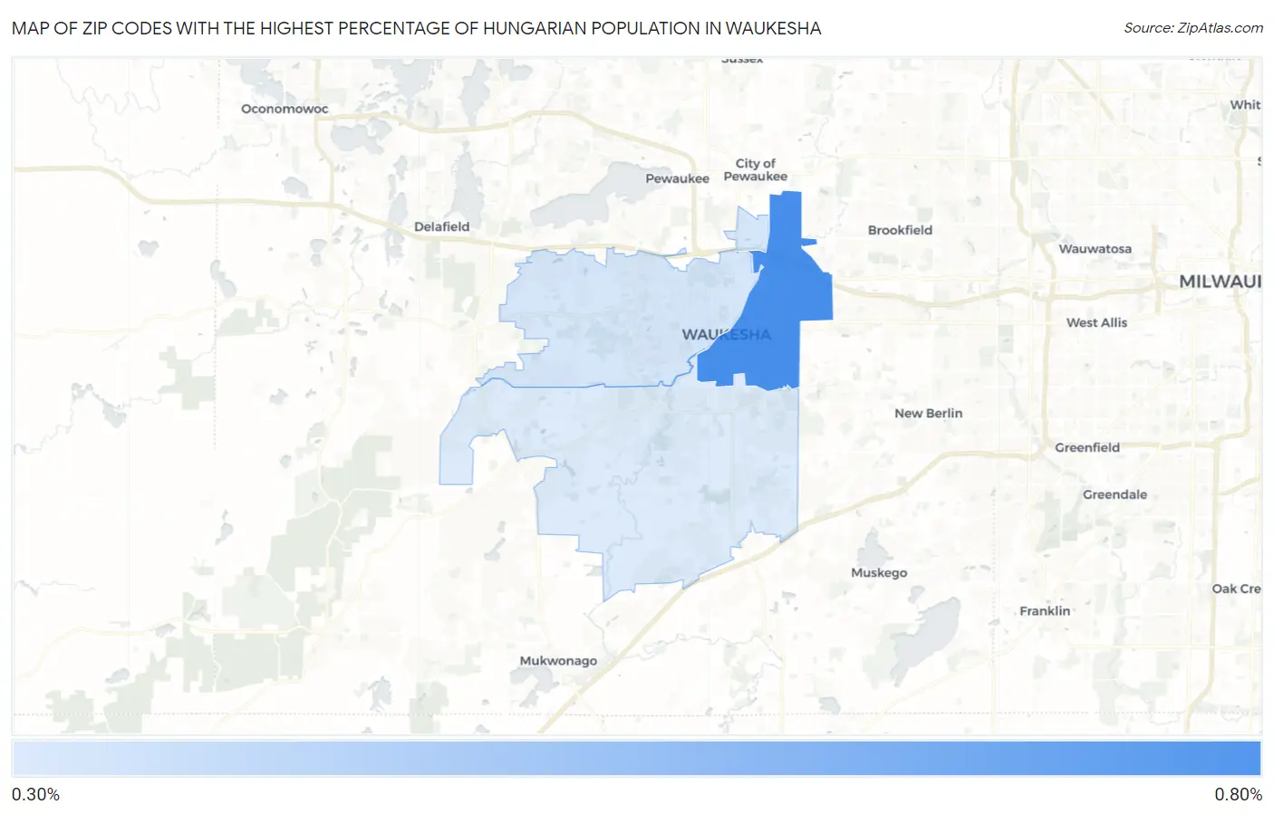 Zip Codes with the Highest Percentage of Hungarian Population in Waukesha Map