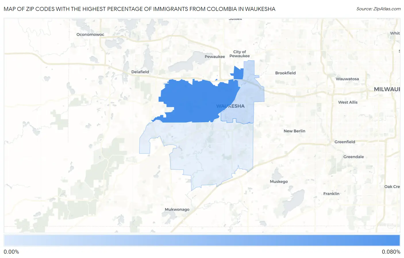 Zip Codes with the Highest Percentage of Immigrants from Colombia in Waukesha Map
