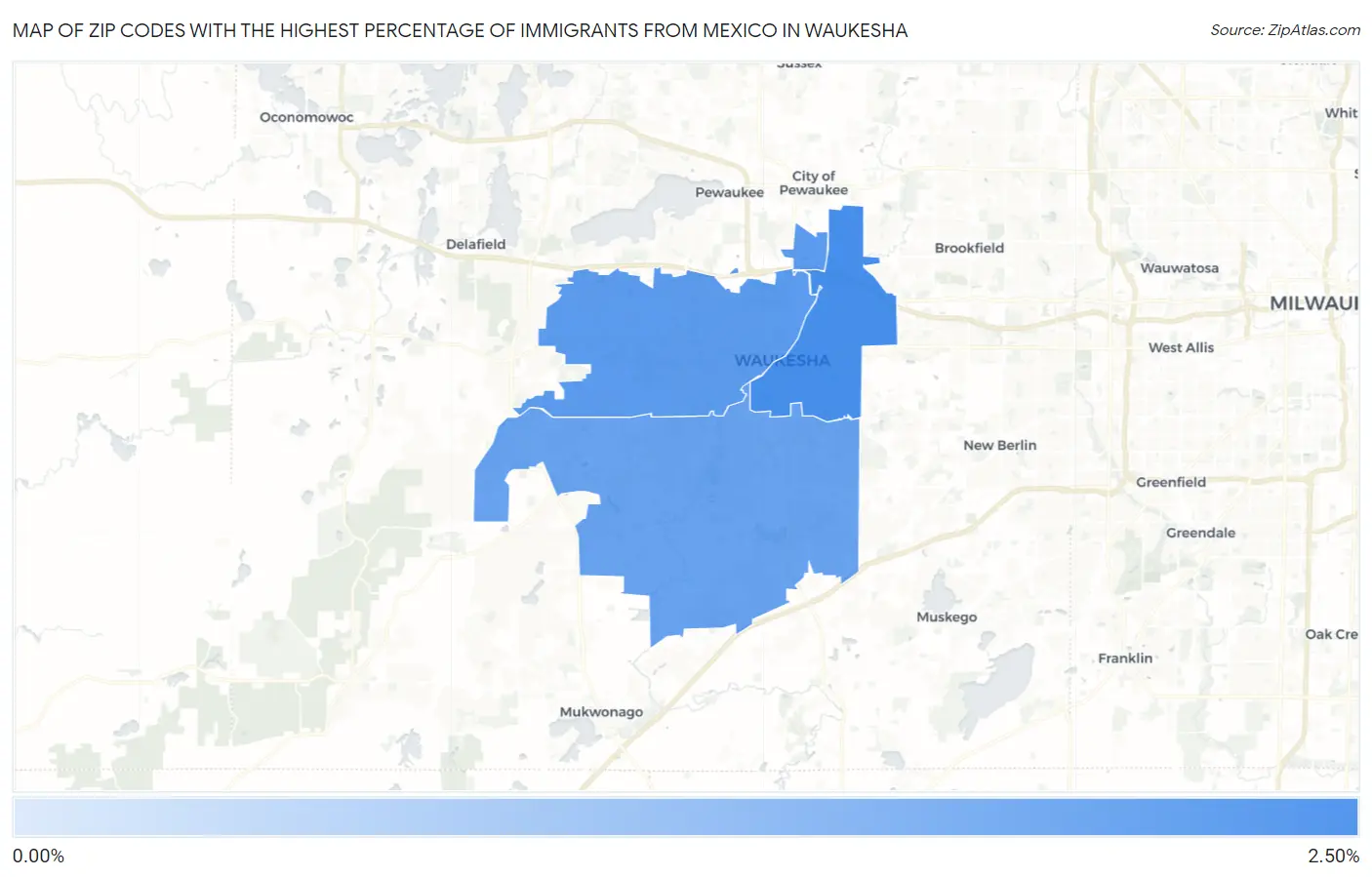 Zip Codes with the Highest Percentage of Immigrants from Mexico in Waukesha Map