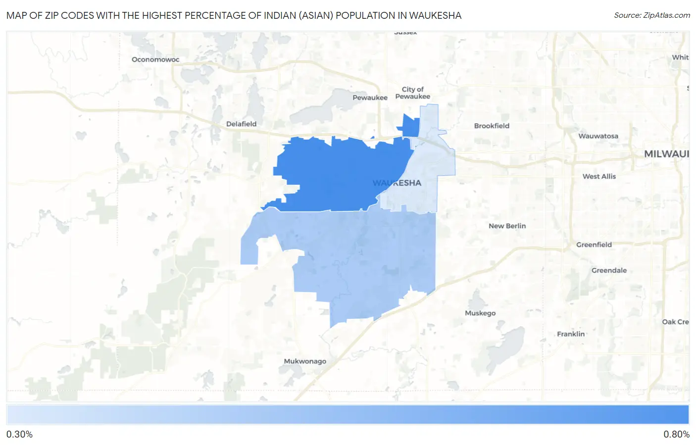 Zip Codes with the Highest Percentage of Indian (Asian) Population in Waukesha Map