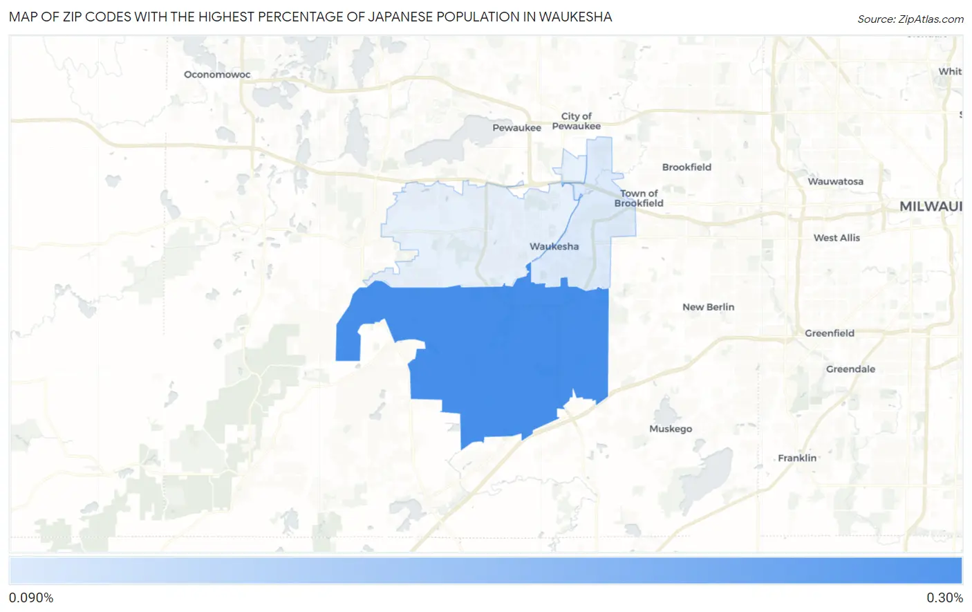 Zip Codes with the Highest Percentage of Japanese Population in Waukesha Map
