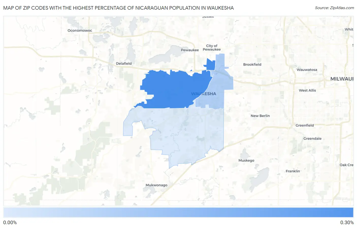 Zip Codes with the Highest Percentage of Nicaraguan Population in Waukesha Map