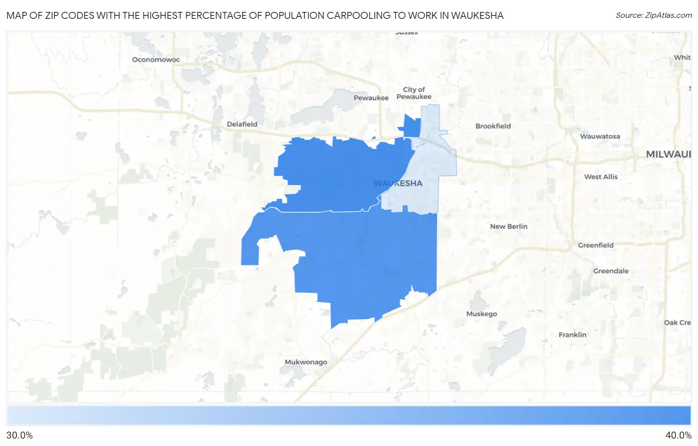 Zip Codes with the Highest Percentage of Population Carpooling to Work in Waukesha Map
