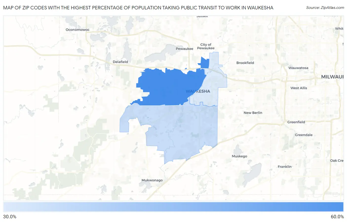 Zip Codes with the Highest Percentage of Population Taking Public Transit to Work in Waukesha Map