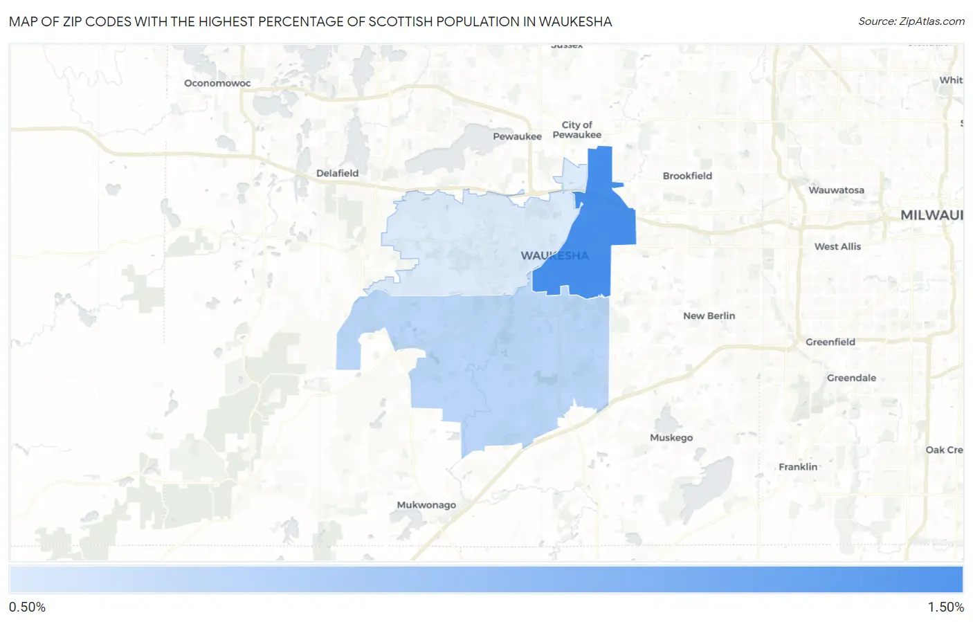 Zip Codes with the Highest Percentage of Scottish Population in Waukesha Map