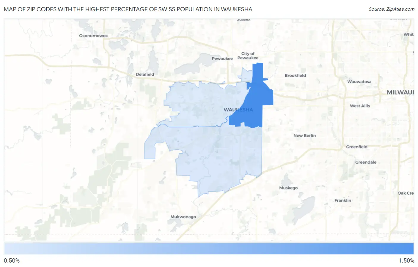 Zip Codes with the Highest Percentage of Swiss Population in Waukesha Map