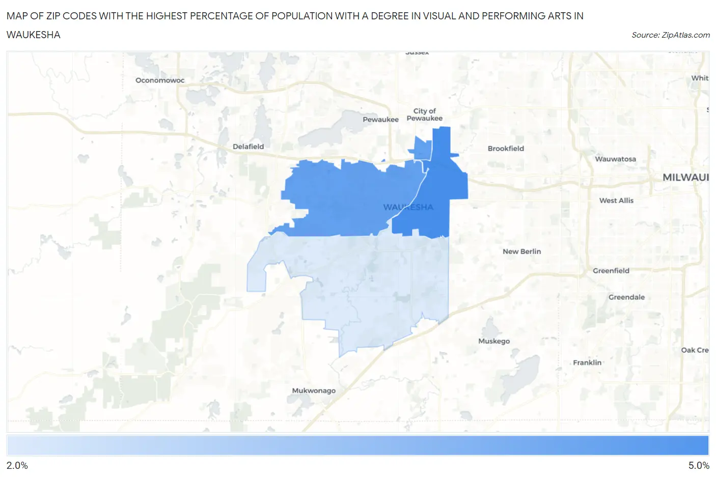 Zip Codes with the Highest Percentage of Population with a Degree in Visual and Performing Arts in Waukesha Map