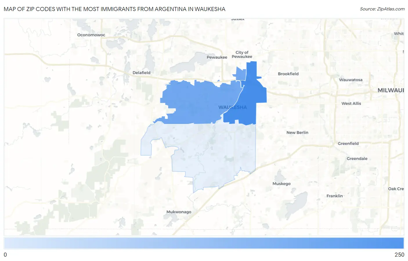 Zip Codes with the Most Immigrants from Argentina in Waukesha Map
