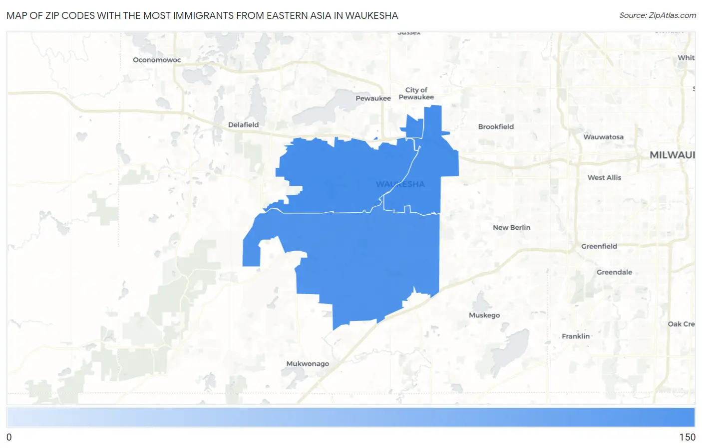 Zip Codes with the Most Immigrants from Eastern Asia in Waukesha Map