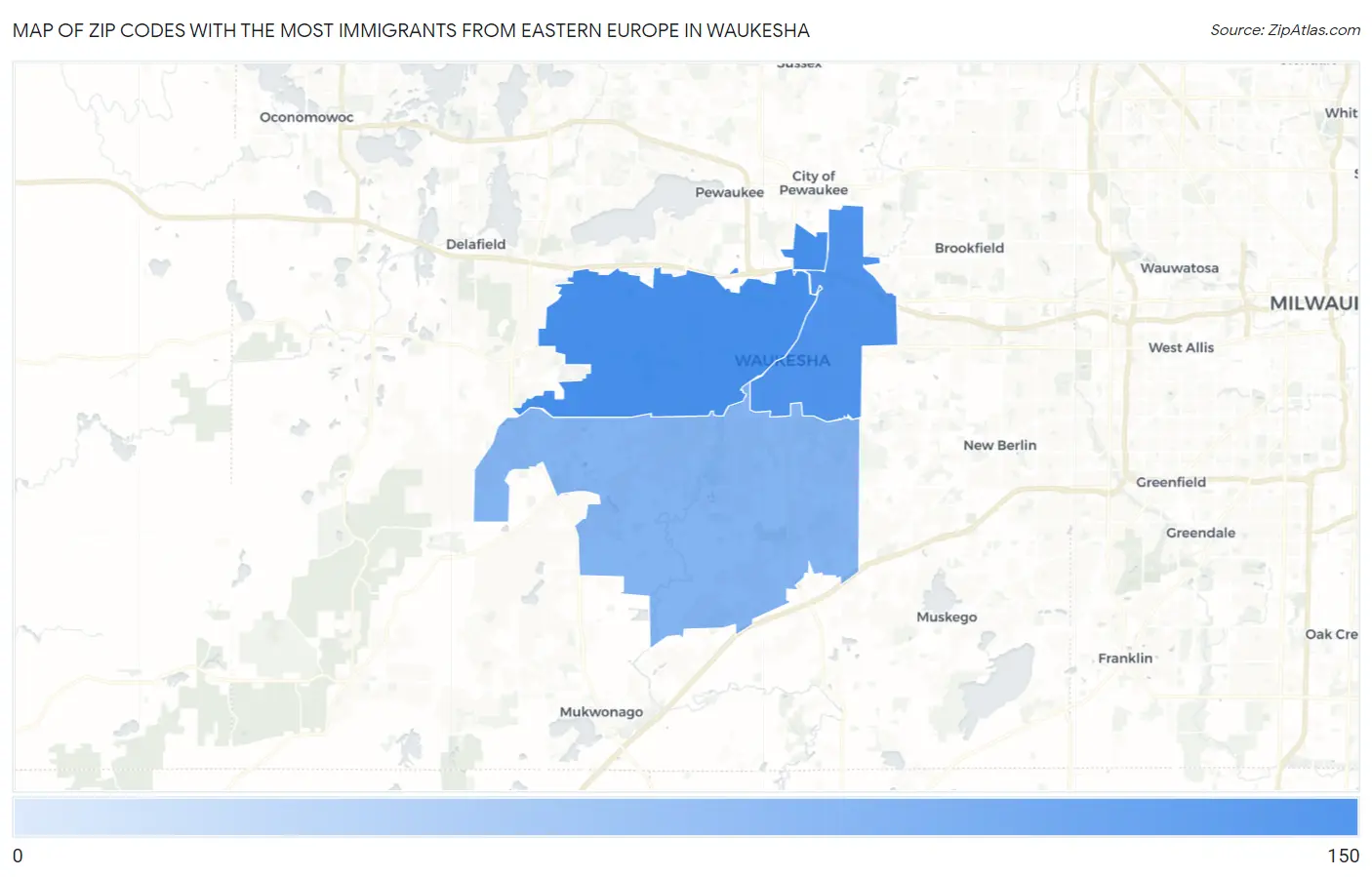 Zip Codes with the Most Immigrants from Eastern Europe in Waukesha Map