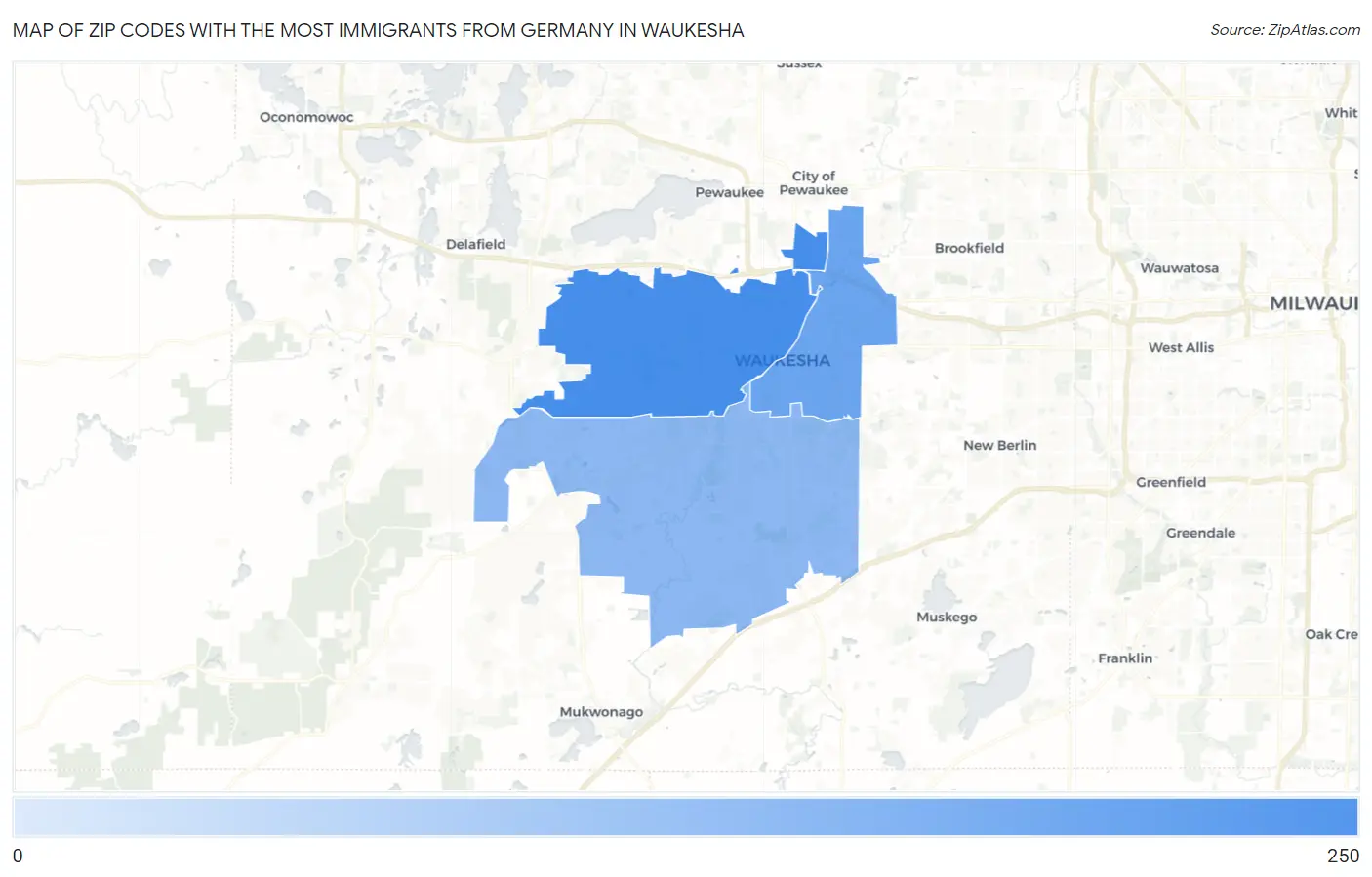 Zip Codes with the Most Immigrants from Germany in Waukesha Map