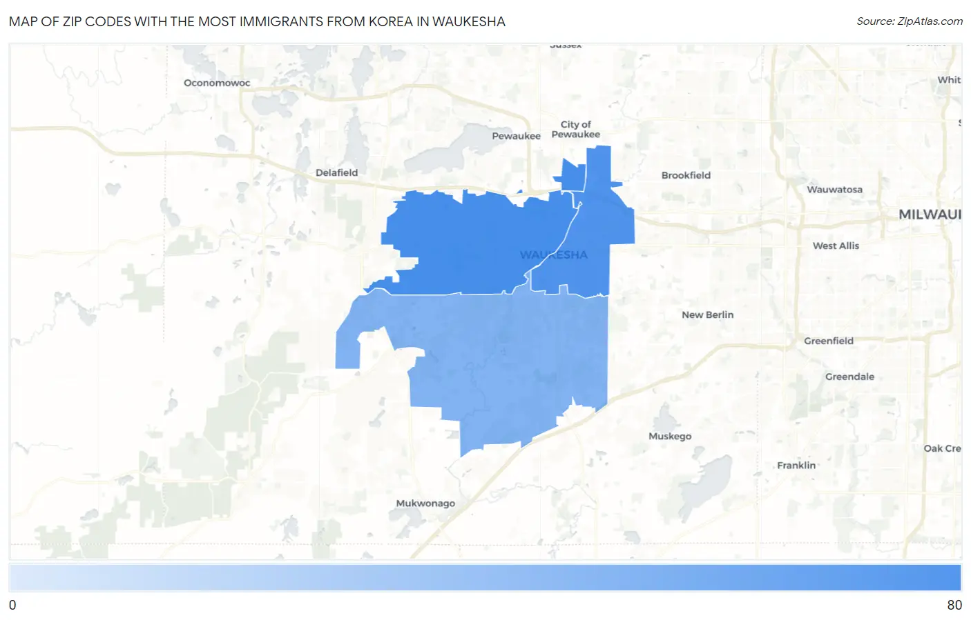 Zip Codes with the Most Immigrants from Korea in Waukesha Map