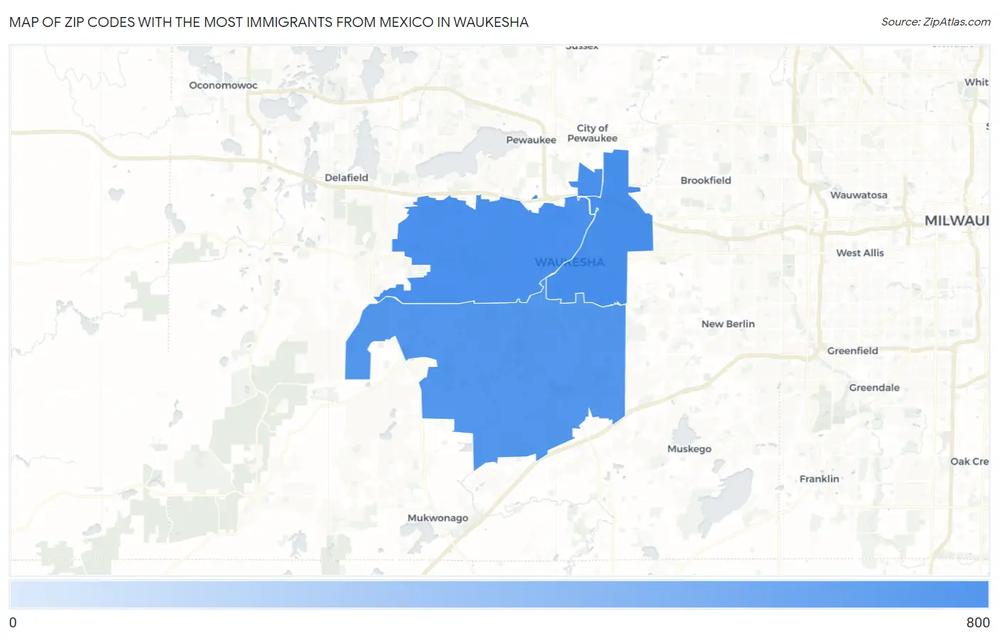 Zip Codes with the Most Immigrants from Mexico in Waukesha Map