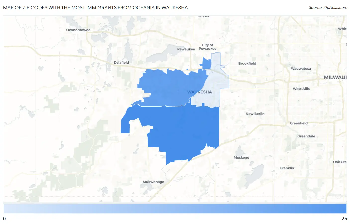 Zip Codes with the Most Immigrants from Oceania in Waukesha Map