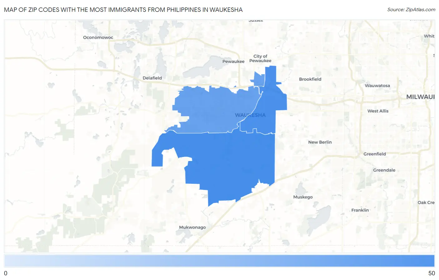 Zip Codes with the Most Immigrants from Philippines in Waukesha Map