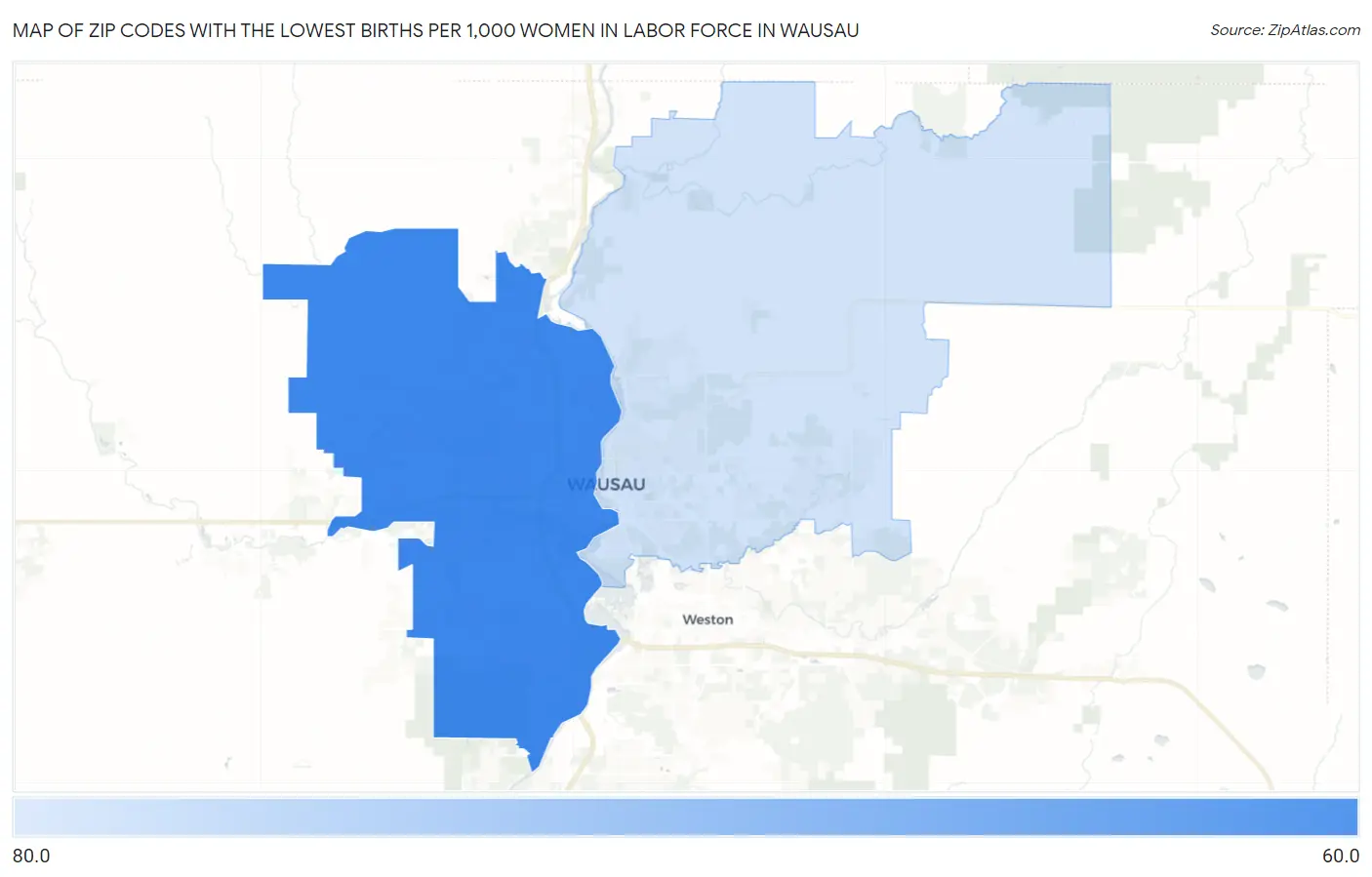Zip Codes with the Lowest Births per 1,000 Women in Labor Force in Wausau Map