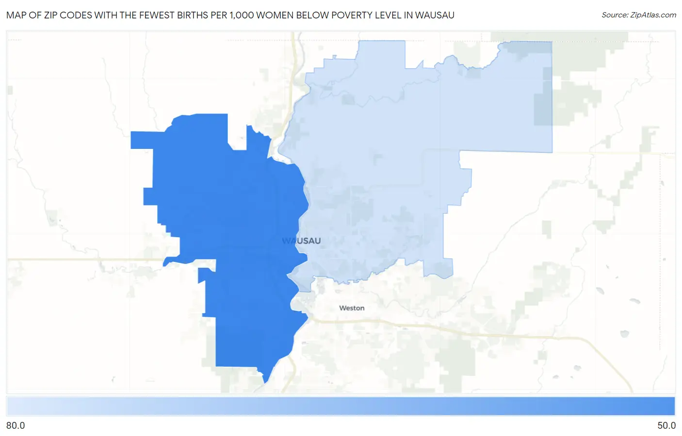 Zip Codes with the Fewest Births per 1,000 Women Below Poverty Level in Wausau Map