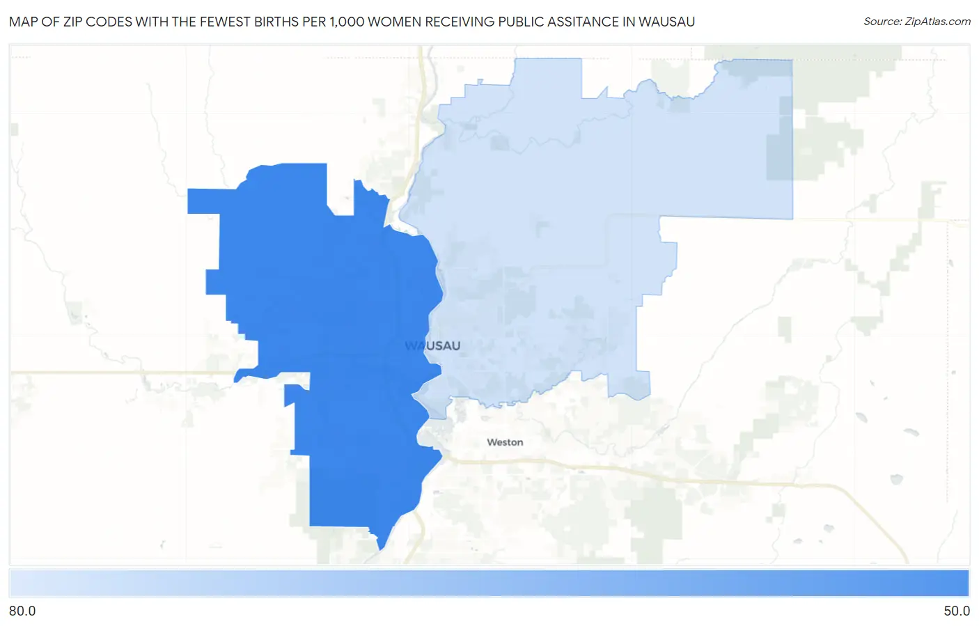 Zip Codes with the Fewest Births per 1,000 Women Receiving Public Assitance in Wausau Map