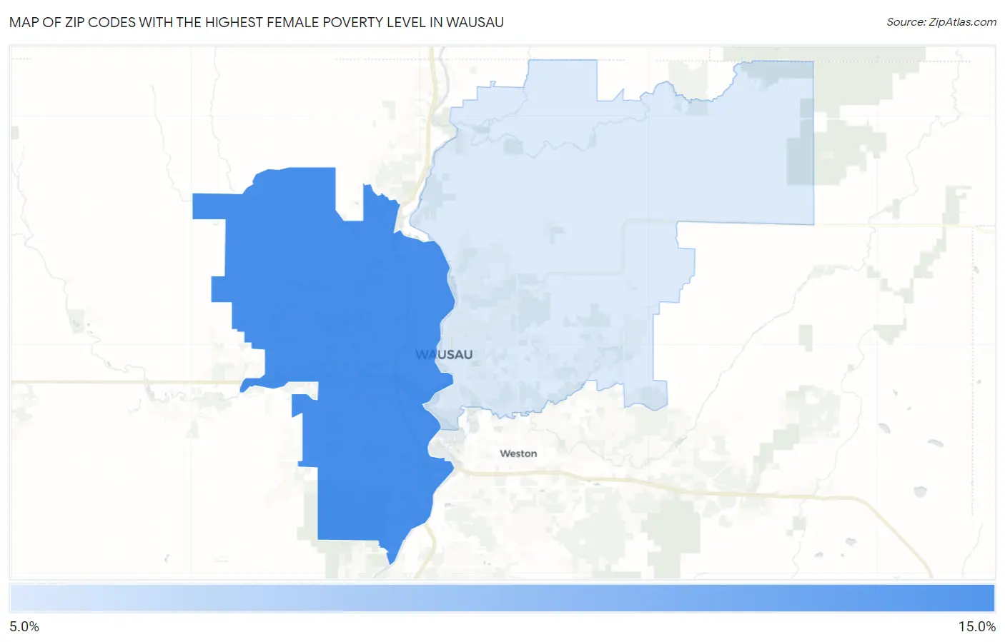 Zip Codes with the Highest Female Poverty Level in Wausau Map