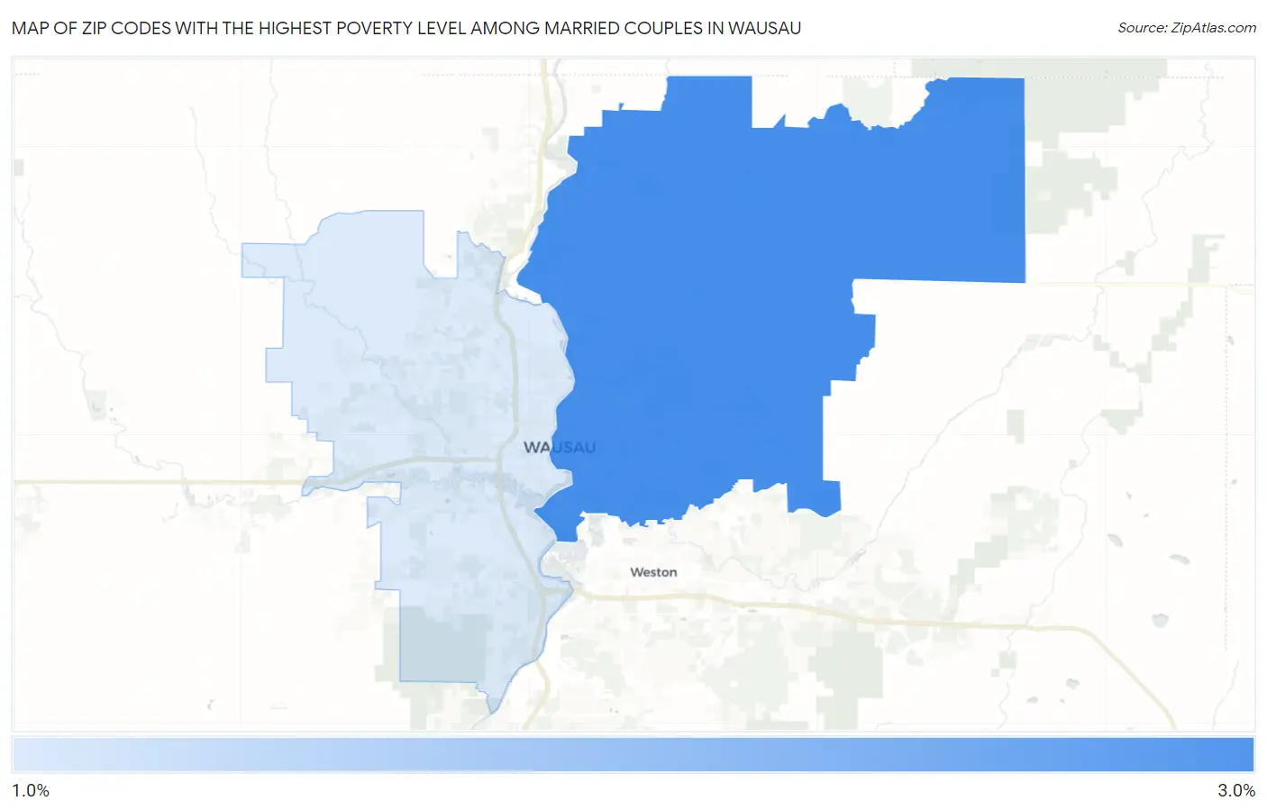 Zip Codes with the Highest Poverty Level Among Married Couples in Wausau Map
