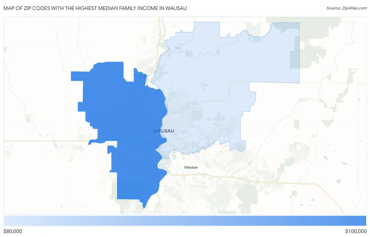 Zip Codes with the Highest Median Family Income in Wausau Map