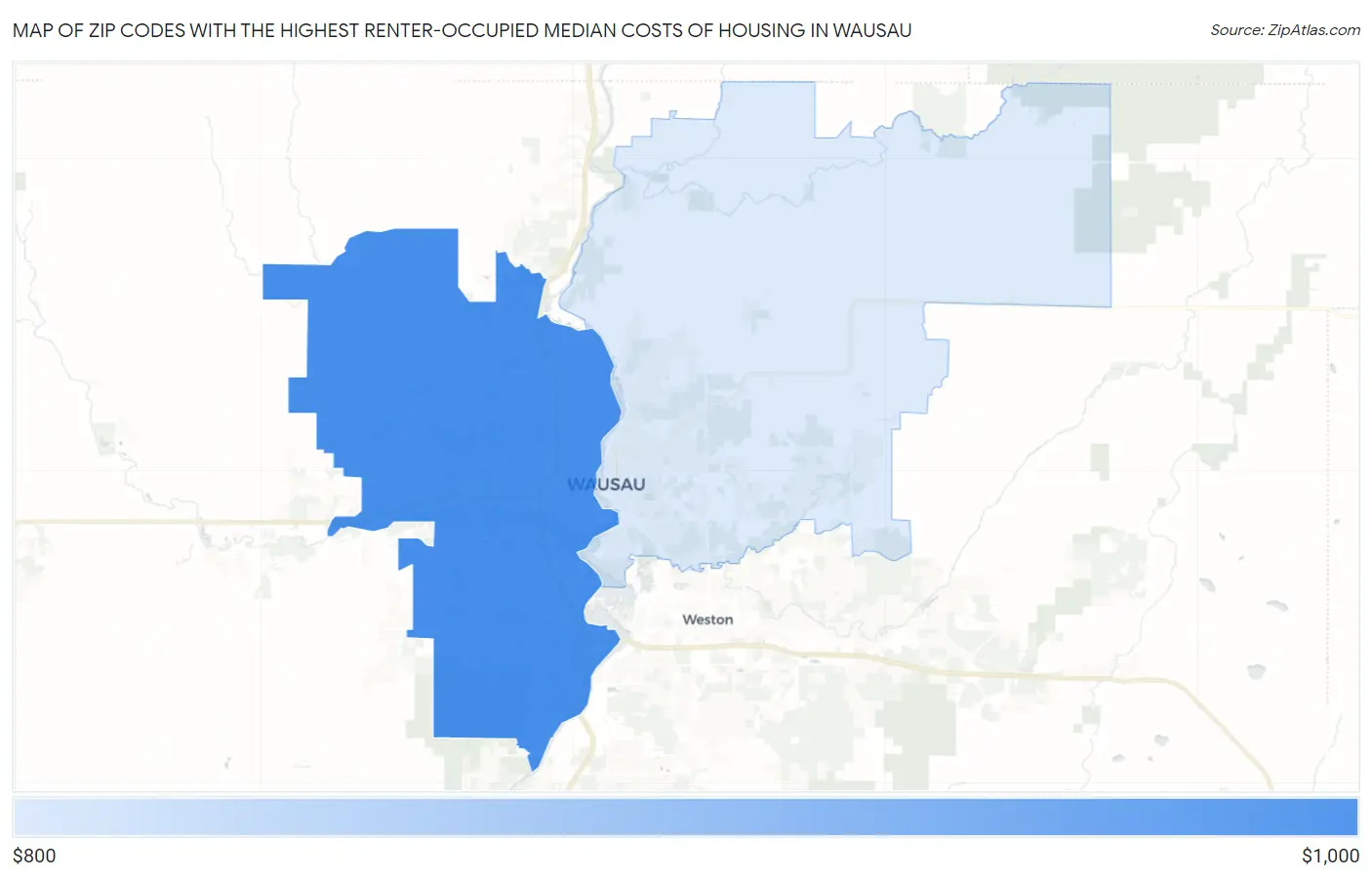 Zip Codes with the Highest Renter-Occupied Median Costs of Housing in Wausau Map