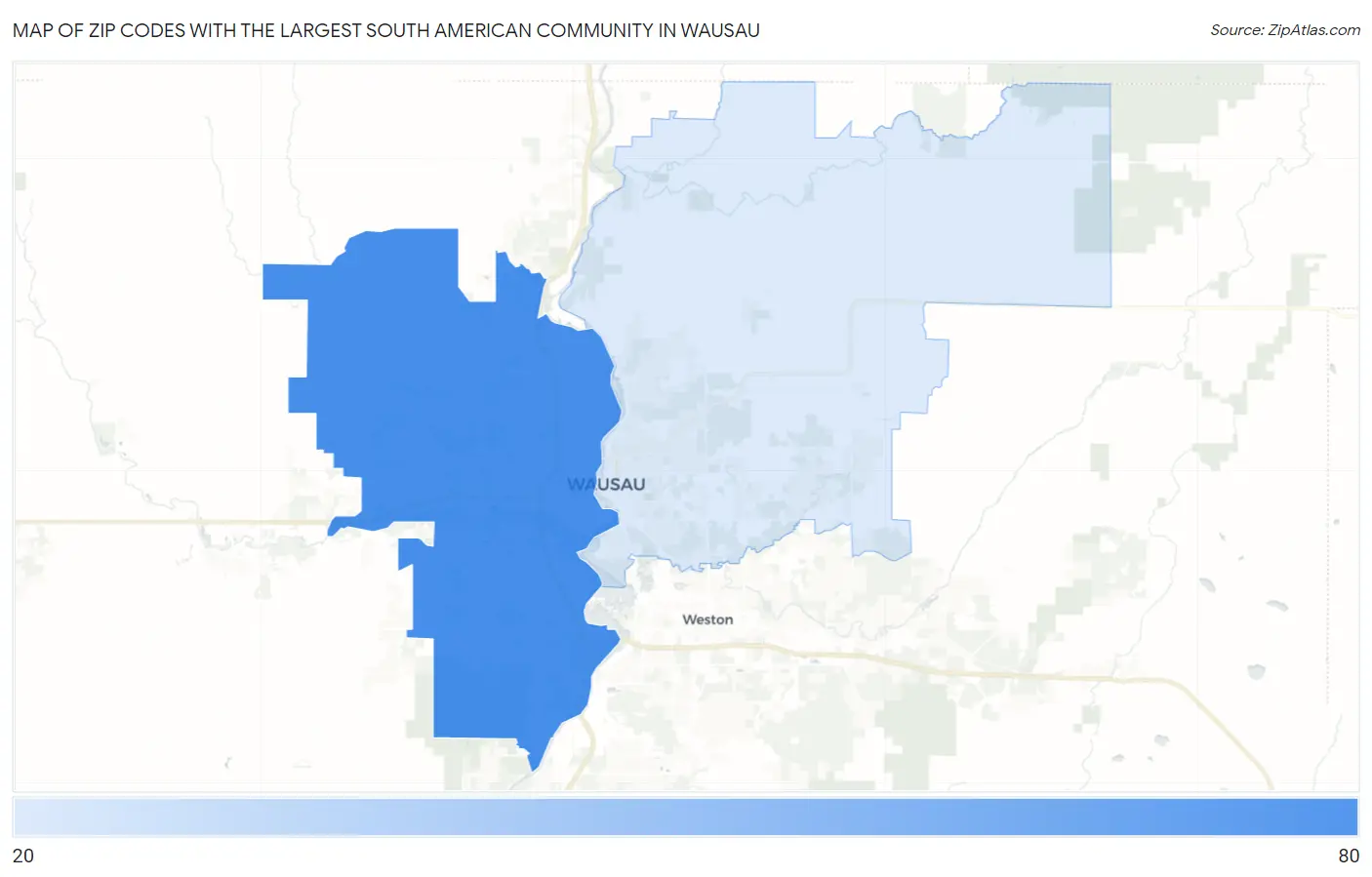 Zip Codes with the Largest South American Community in Wausau Map