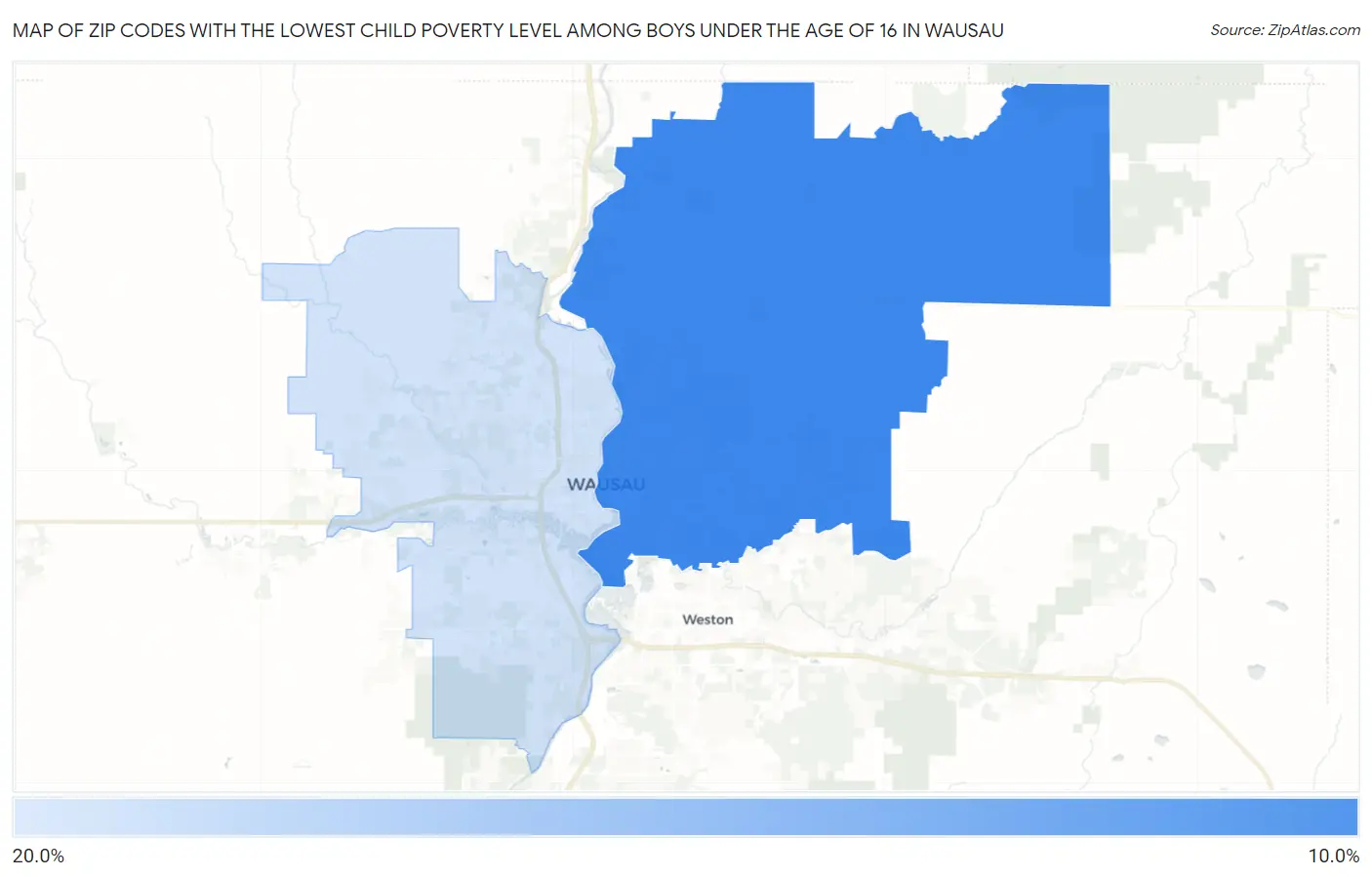 Zip Codes with the Lowest Child Poverty Level Among Boys Under the Age of 16 in Wausau Map
