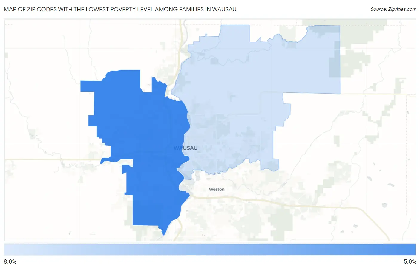 Zip Codes with the Lowest Poverty Level Among Families in Wausau Map