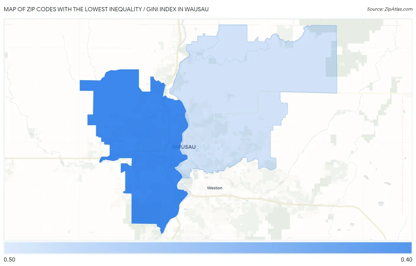 Zip Codes with the Lowest Inequality / Gini Index in Wausau Map