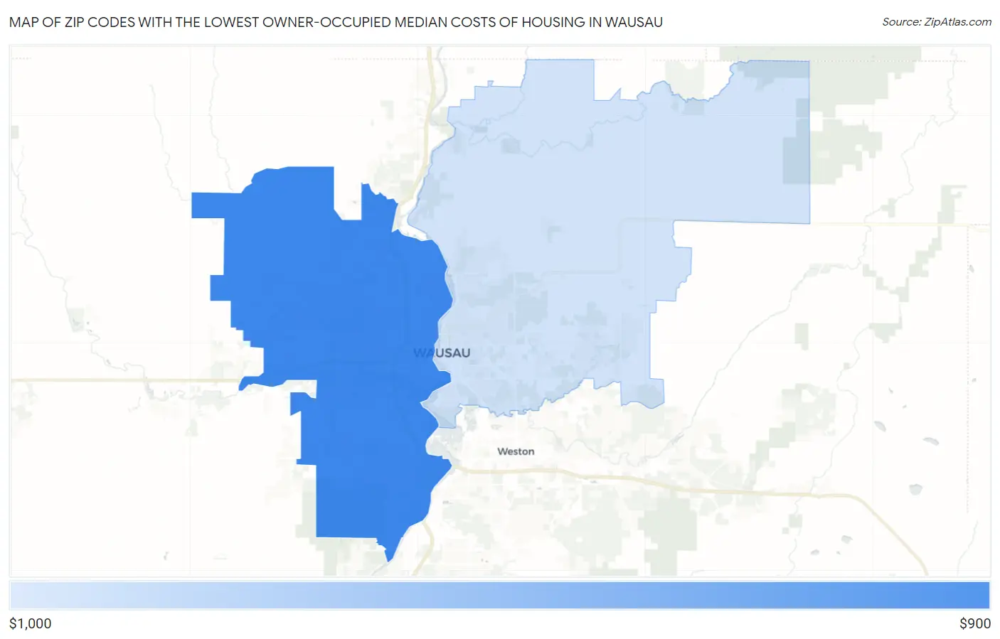 Zip Codes with the Lowest Owner-Occupied Median Costs of Housing in Wausau Map
