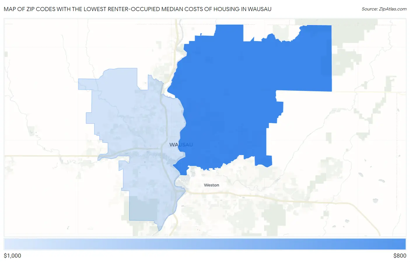 Zip Codes with the Lowest Renter-Occupied Median Costs of Housing in Wausau Map