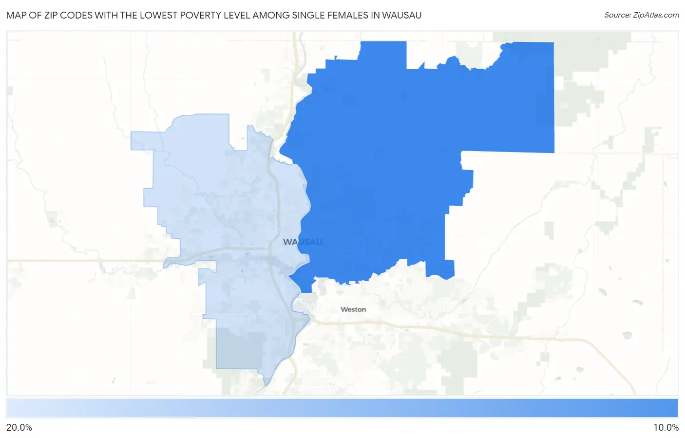 Zip Codes with the Lowest Poverty Level Among Single Females in Wausau Map
