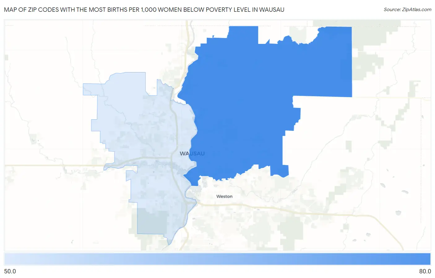 Zip Codes with the Most Births per 1,000 Women Below Poverty Level in Wausau Map