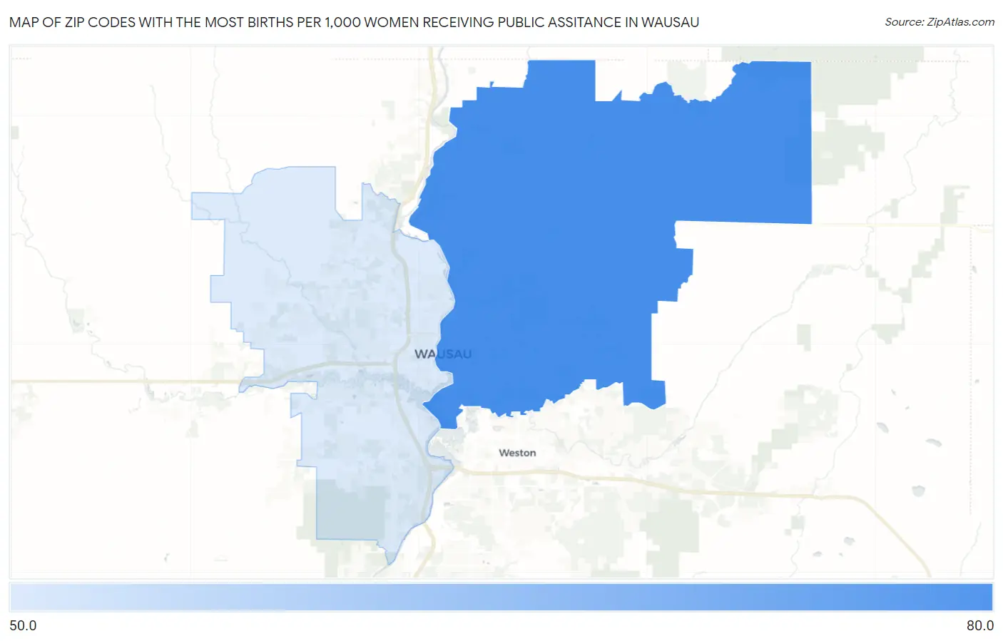 Zip Codes with the Most Births per 1,000 Women Receiving Public Assitance in Wausau Map