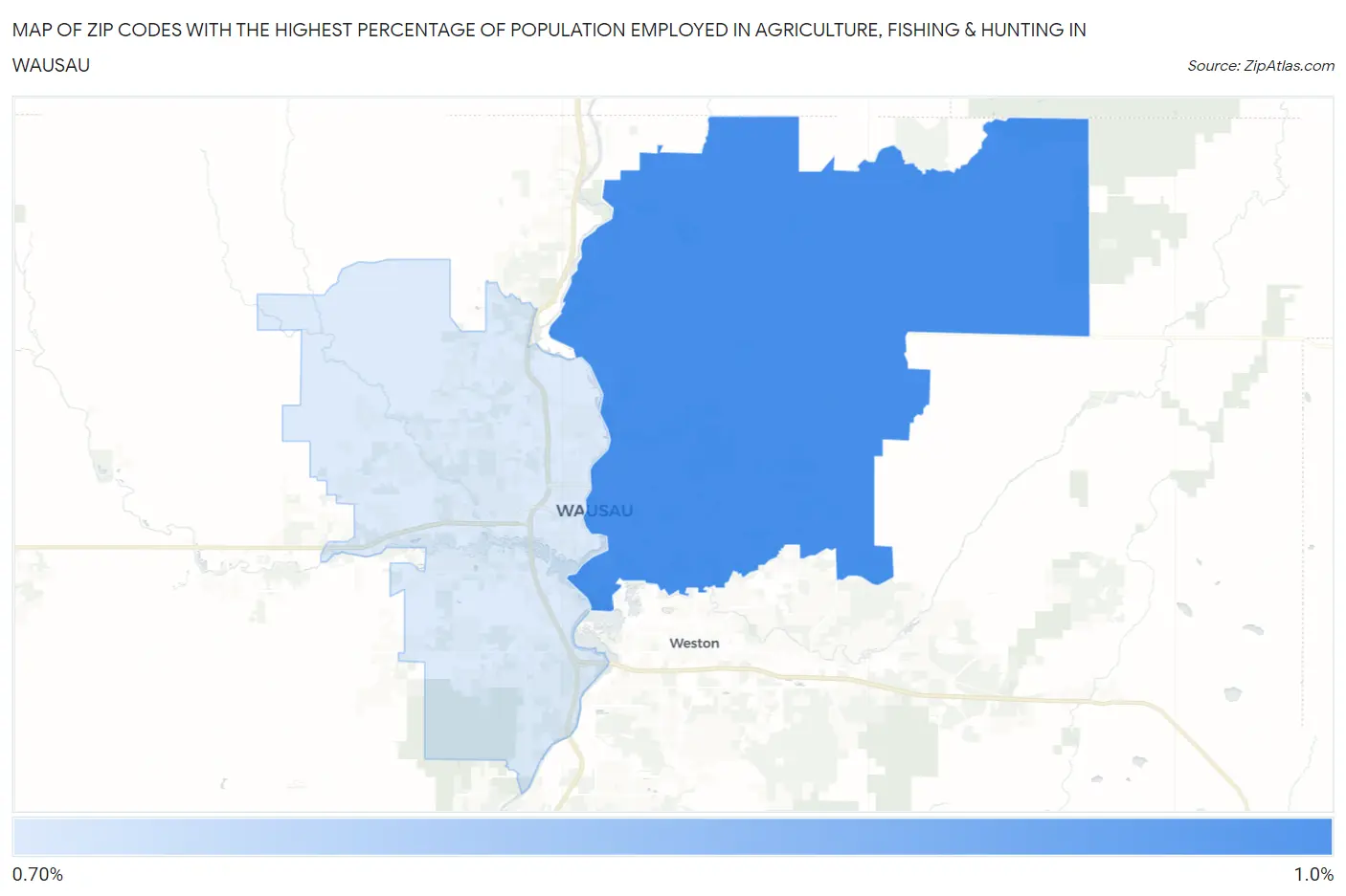 Zip Codes with the Highest Percentage of Population Employed in Agriculture, Fishing & Hunting in Wausau Map