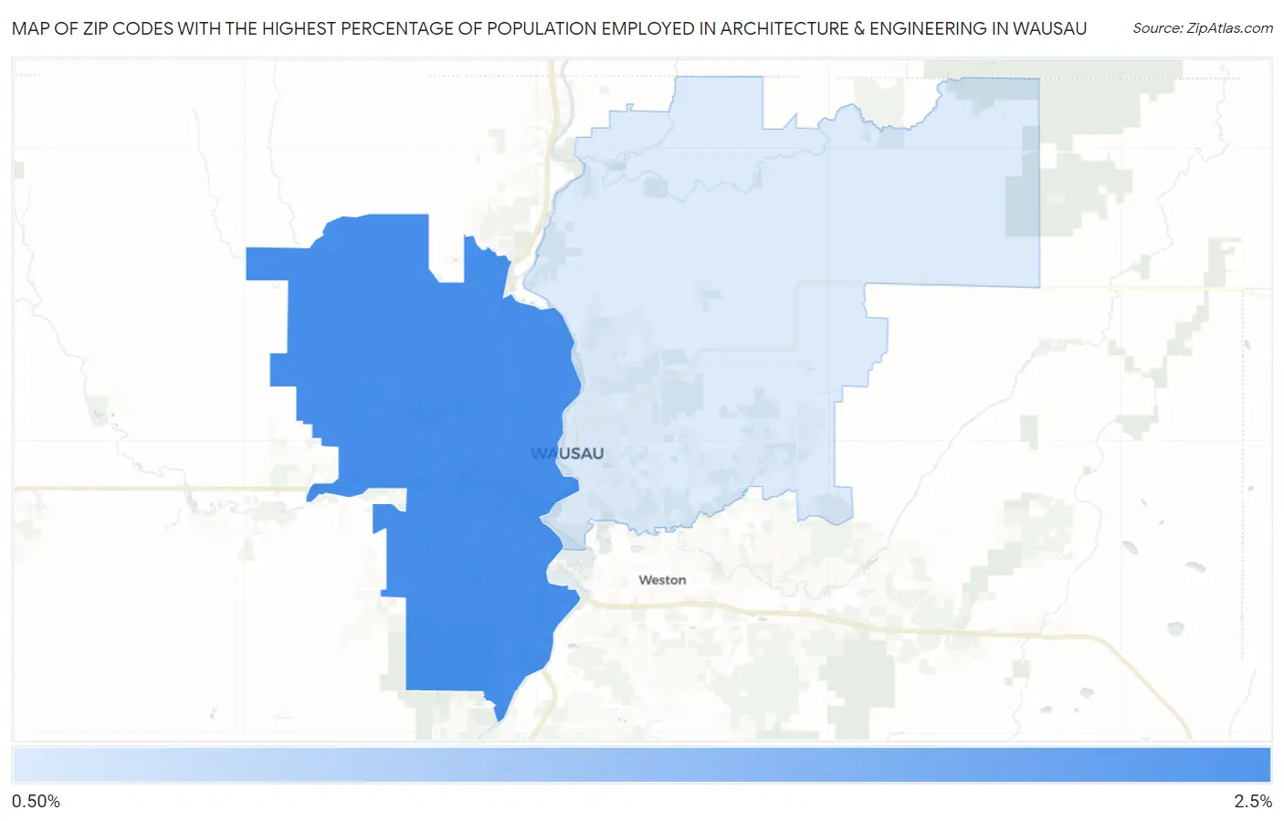 Zip Codes with the Highest Percentage of Population Employed in Architecture & Engineering in Wausau Map
