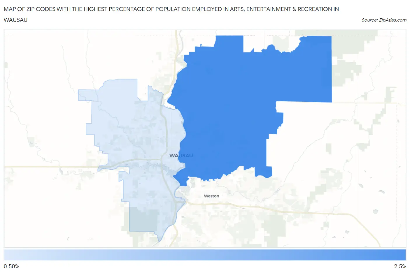 Zip Codes with the Highest Percentage of Population Employed in Arts, Entertainment & Recreation in Wausau Map