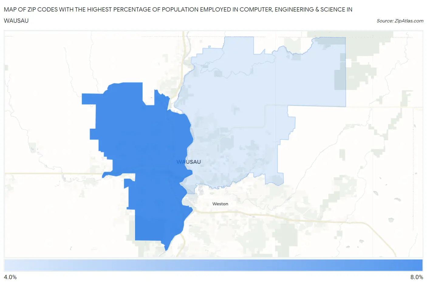 Zip Codes with the Highest Percentage of Population Employed in Computer, Engineering & Science in Wausau Map