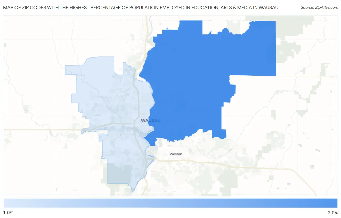 Zip Codes with the Highest Percentage of Population Employed in Education, Arts & Media in Wausau Map