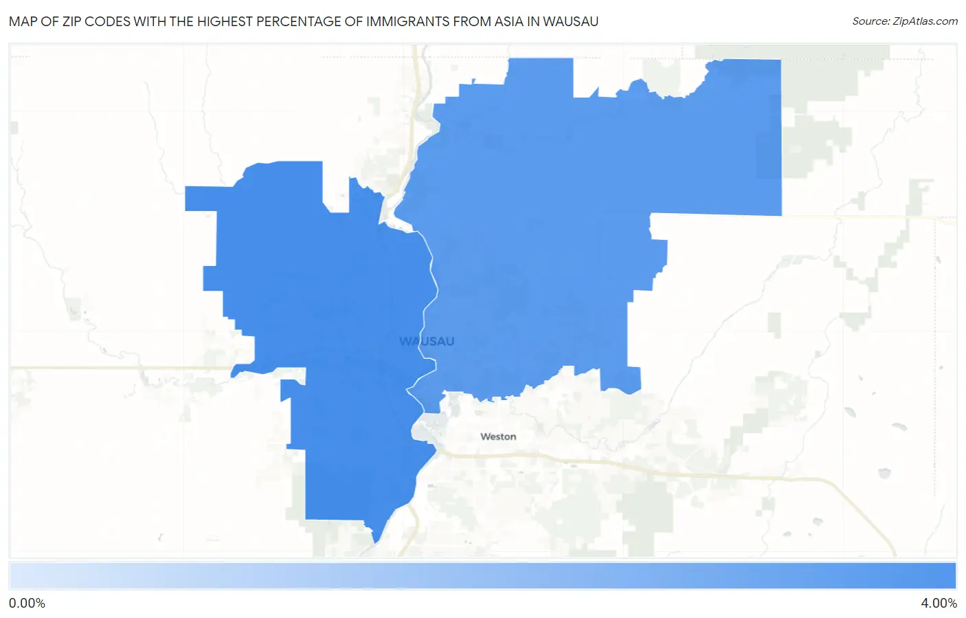 Zip Codes with the Highest Percentage of Immigrants from Asia in Wausau Map