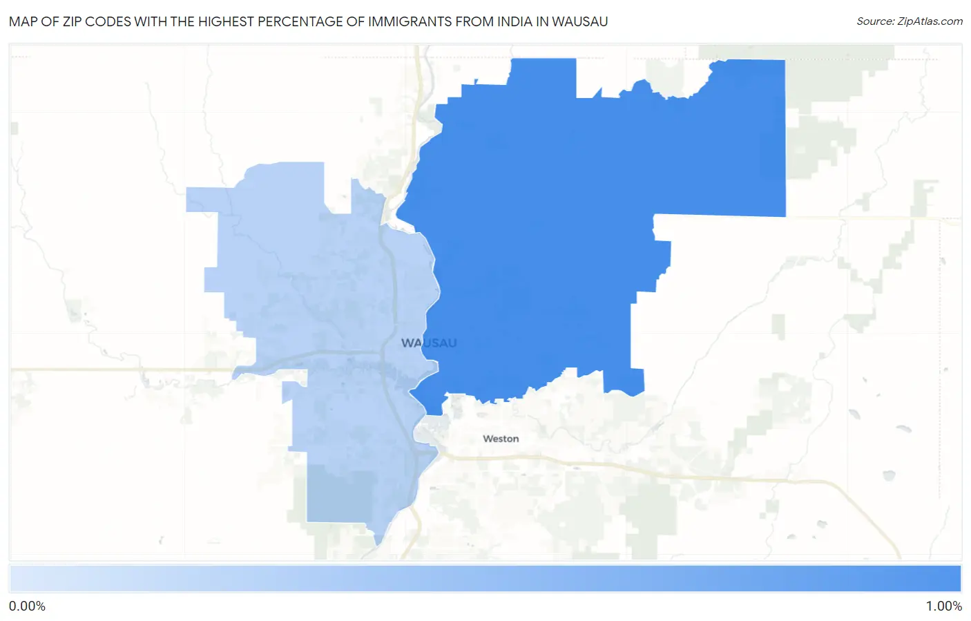 Zip Codes with the Highest Percentage of Immigrants from India in Wausau Map