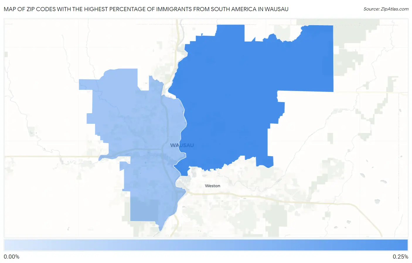 Zip Codes with the Highest Percentage of Immigrants from South America in Wausau Map