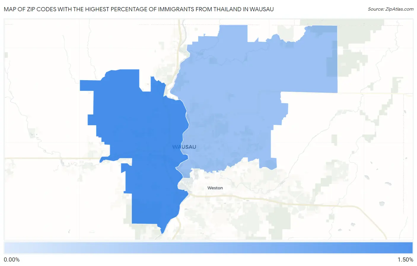 Zip Codes with the Highest Percentage of Immigrants from Thailand in Wausau Map