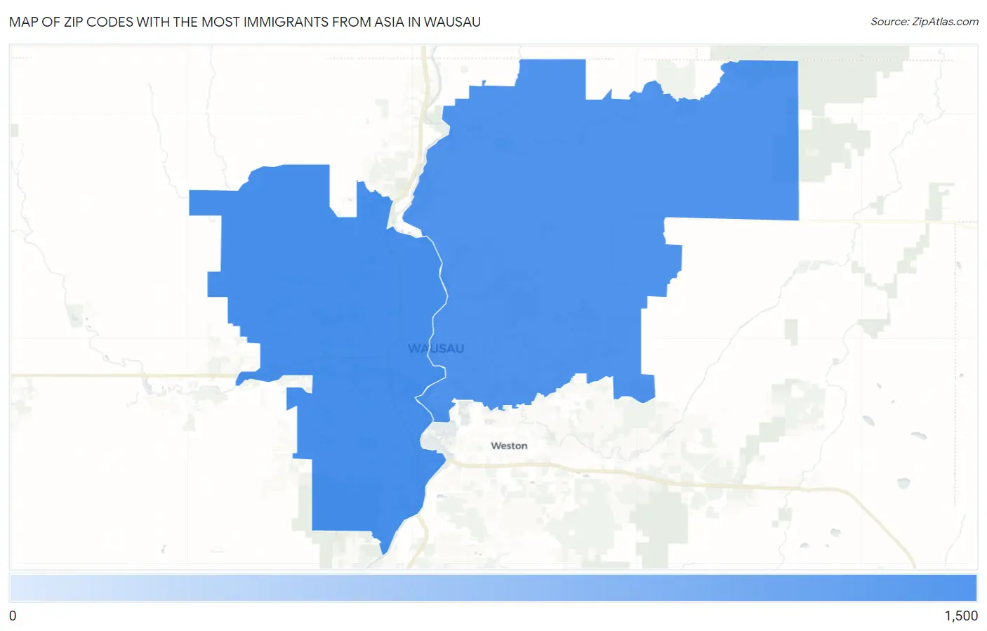 Zip Codes with the Most Immigrants from Asia in Wausau Map