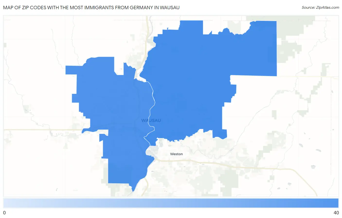 Zip Codes with the Most Immigrants from Germany in Wausau Map