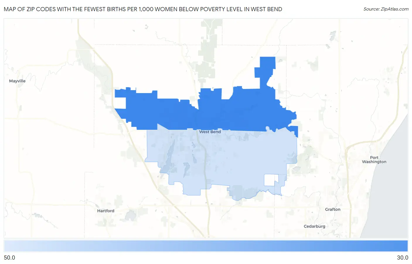 Zip Codes with the Fewest Births per 1,000 Women Below Poverty Level in West Bend Map