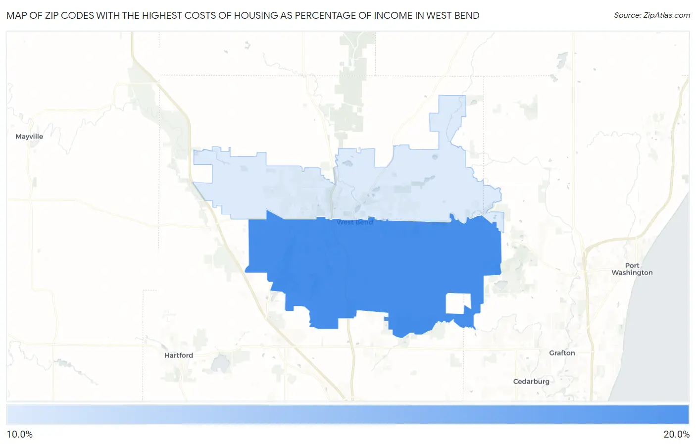 Zip Codes with the Highest Costs of Housing as Percentage of Income in West Bend Map