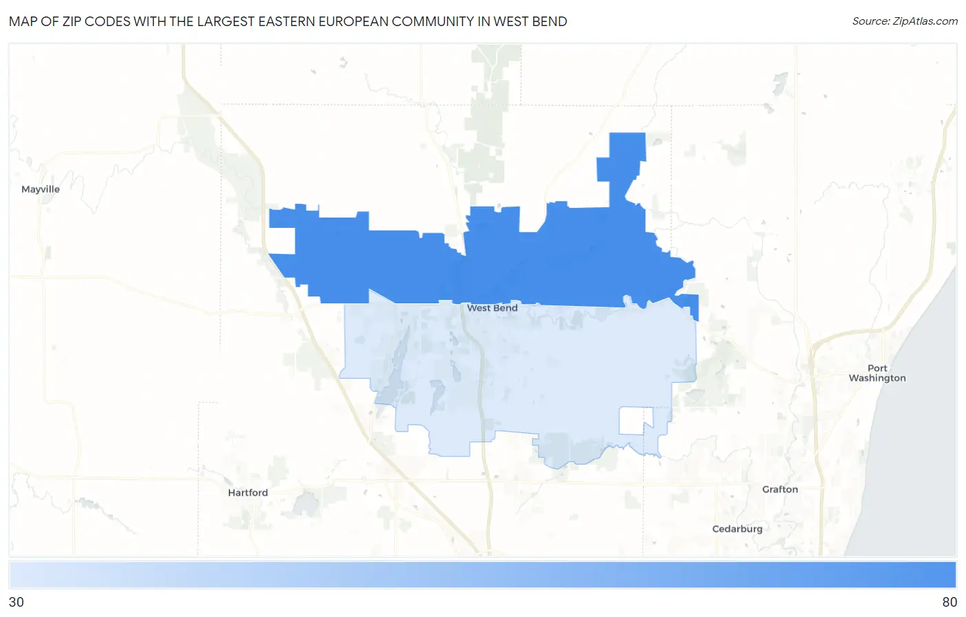 Zip Codes with the Largest Eastern European Community in West Bend Map