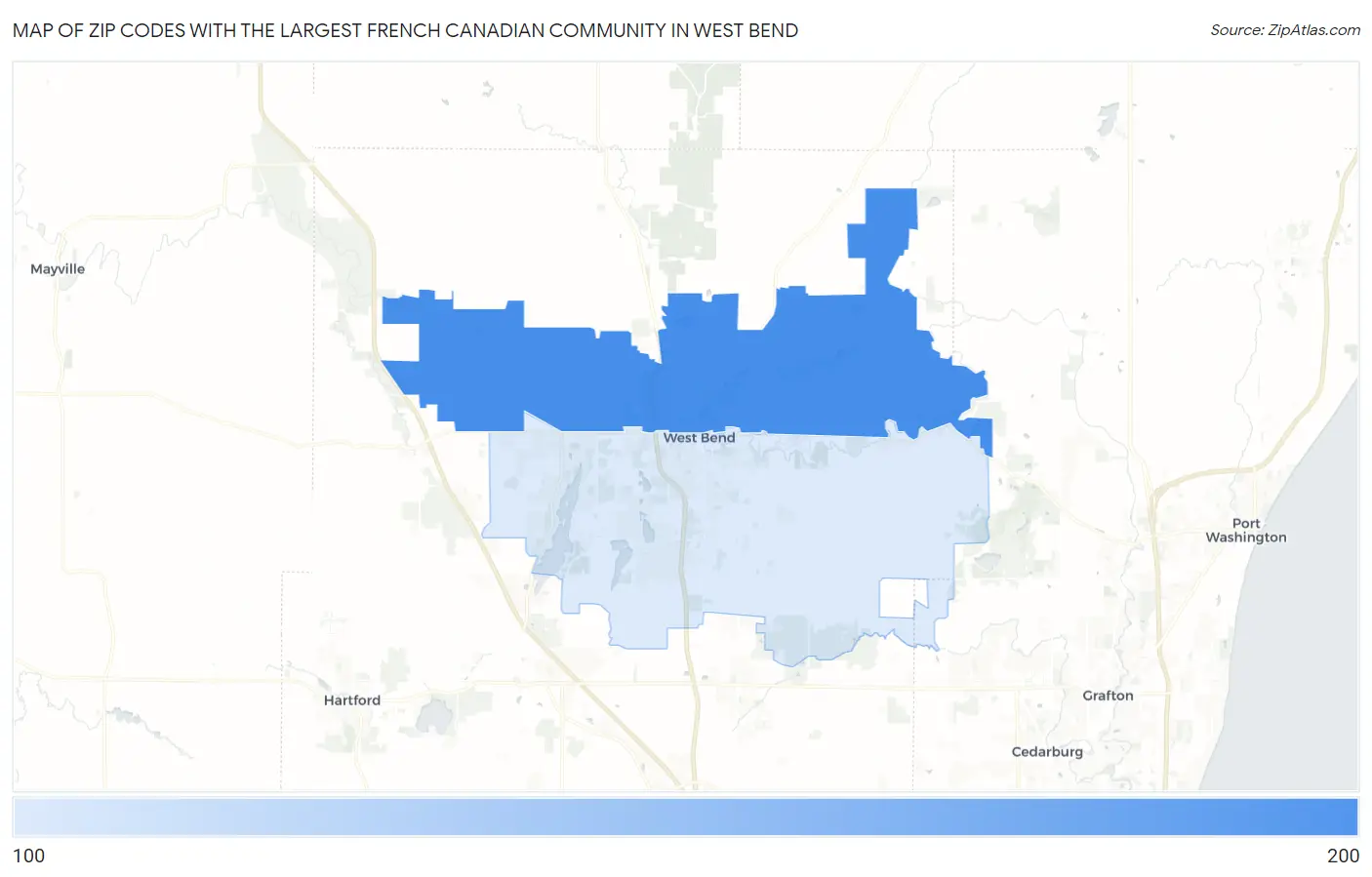 Zip Codes with the Largest French Canadian Community in West Bend Map